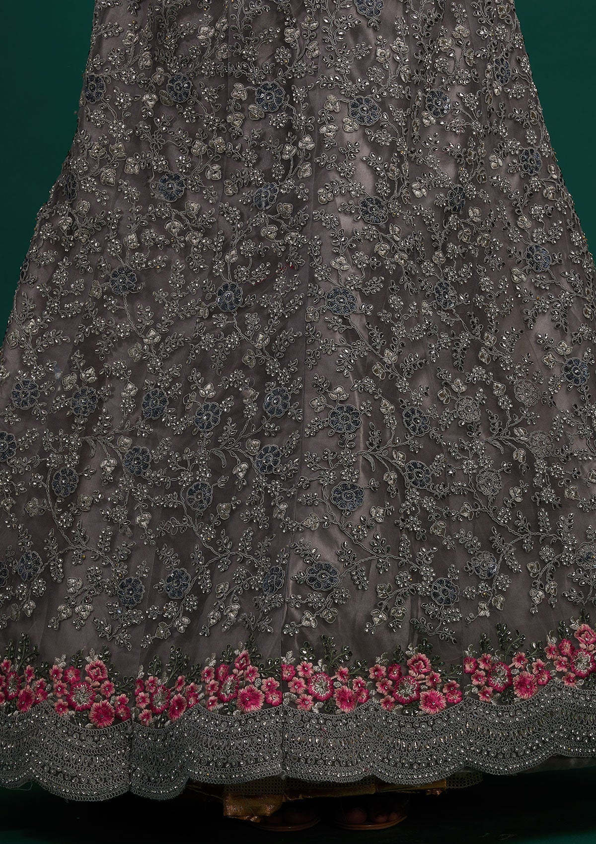 Light Grey Silver Stonework Net Designer Semi-Stitched Lehenga - Koskii