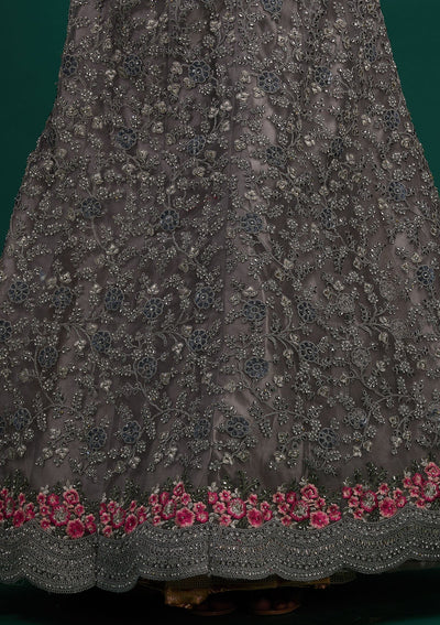 Light Grey Silver Stonework Net Designer Semi-Stitched Lehenga - Koskii