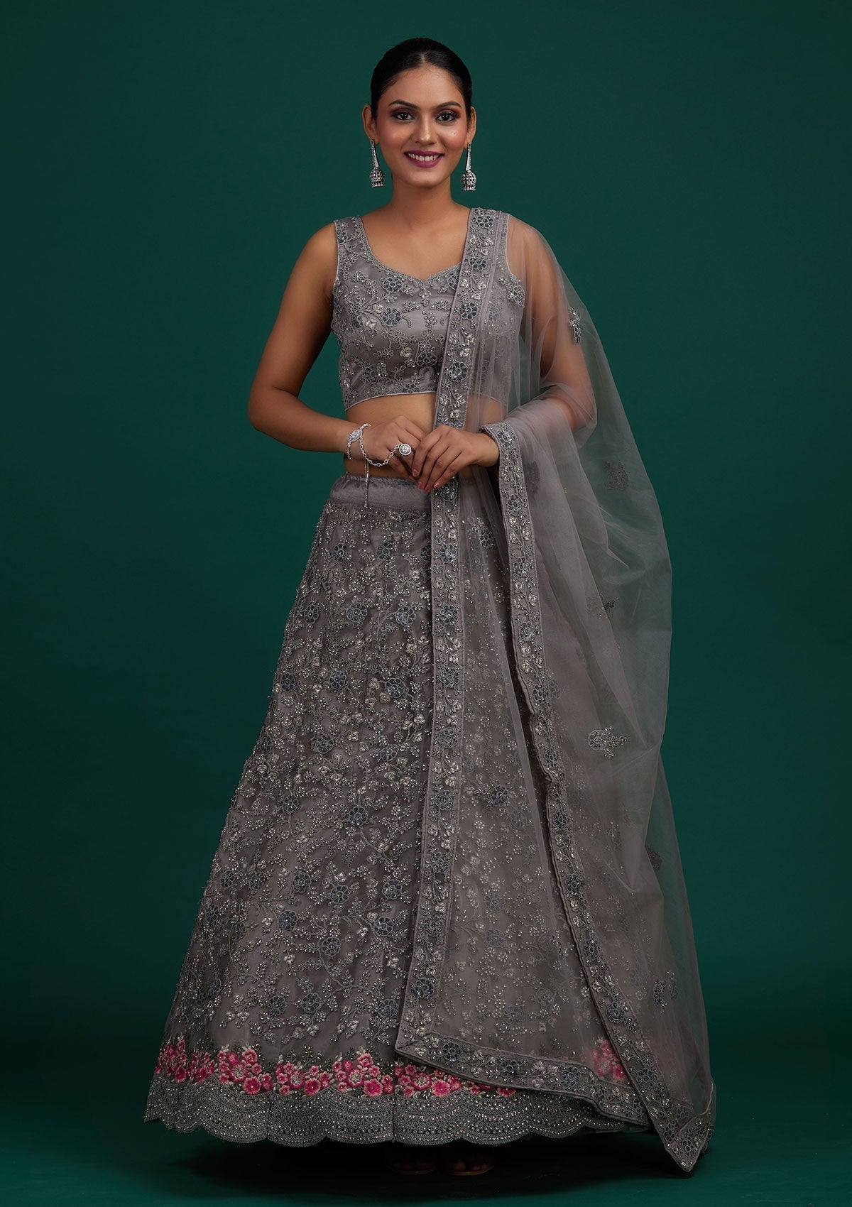 Light Grey Silver Stonework Net Designer Semi-Stitched Lehenga - Koskii