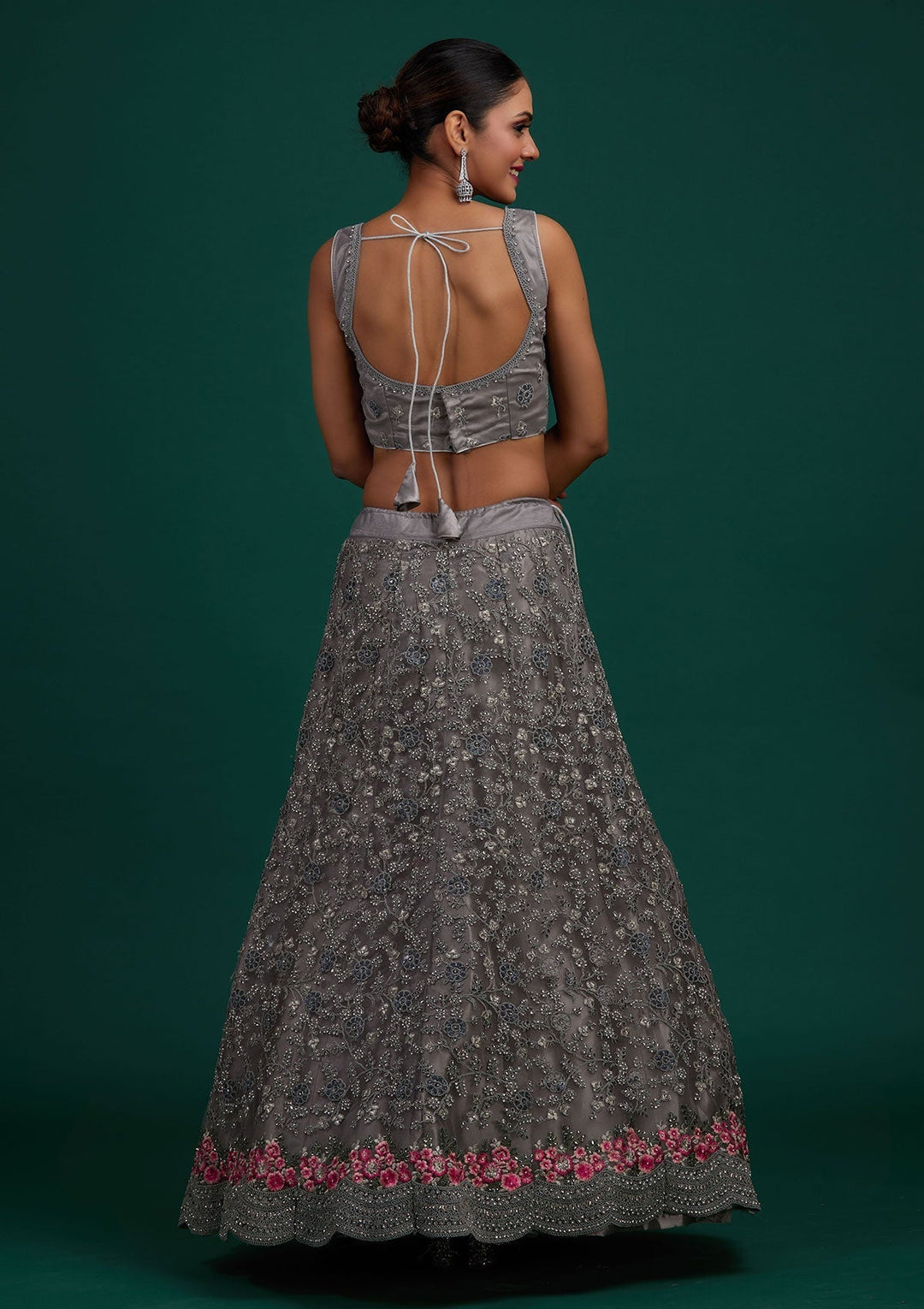 Light Grey Silver Stonework Net Designer Semi-Stitched Lehenga - Koskii