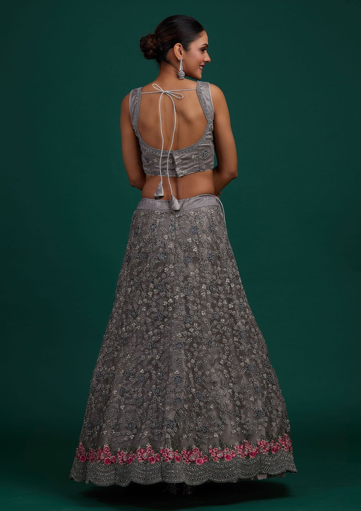 Light Grey Silver Stonework Net Designer Semi-Stitched Lehenga - Koskii
