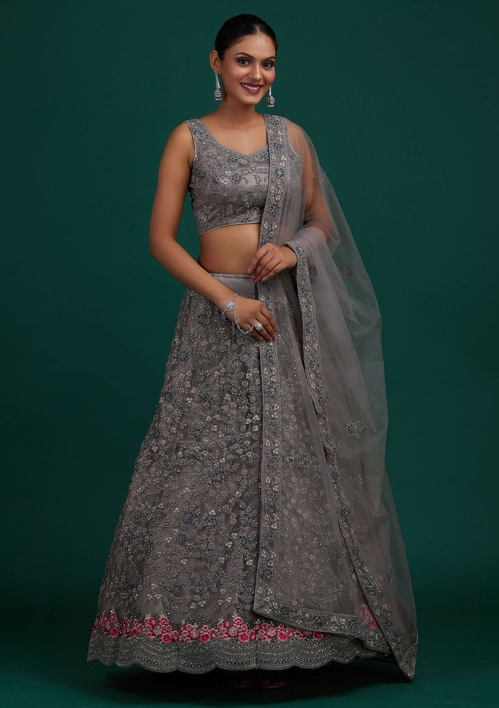 Light Grey Silver Stonework Net Designer Semi-Stitched Lehenga - Koskii
