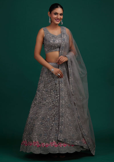 Light Grey Silver Stonework Net Designer Semi-Stitched Lehenga - Koskii