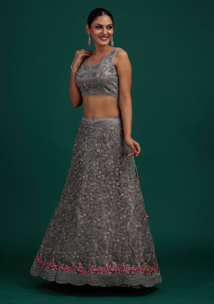 Light Grey Silver Stonework Net Designer Semi-Stitched Lehenga - Koskii