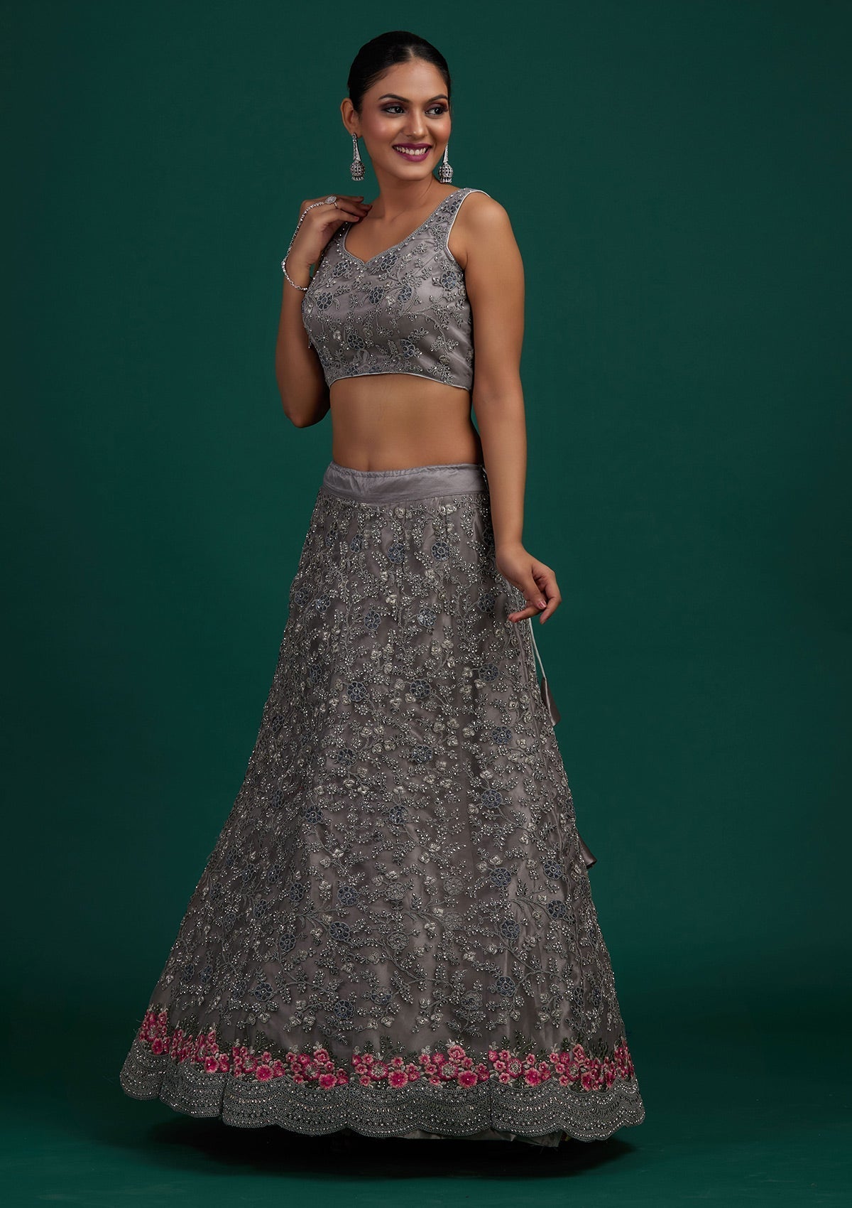 Light Grey Silver Stonework Net Designer Semi-Stitched Lehenga - Koskii