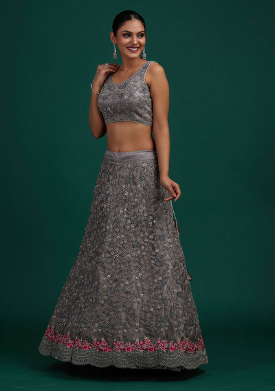 Light Grey Silver Stonework Net Designer Semi-Stitched Lehenga - Koskii