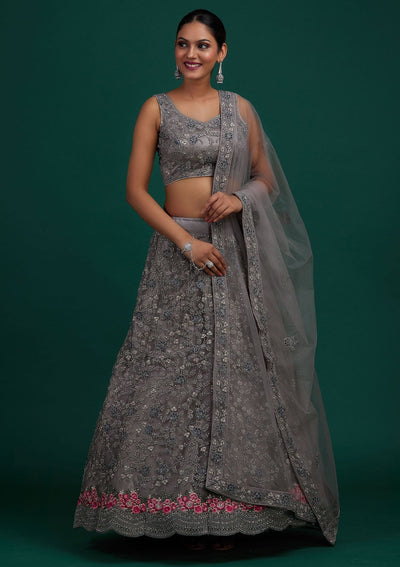 Light Grey Silver Stonework Net Designer Semi-Stitched Lehenga - Koskii