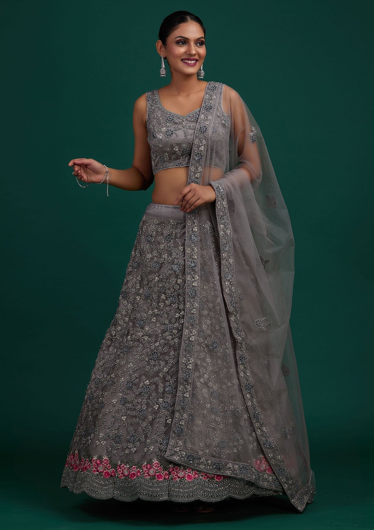 Light Grey Silver Stonework Net Designer Semi-Stitched Lehenga - Koskii