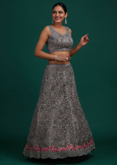 Light Grey Silver Stonework Net Designer Semi-Stitched Lehenga - Koskii
