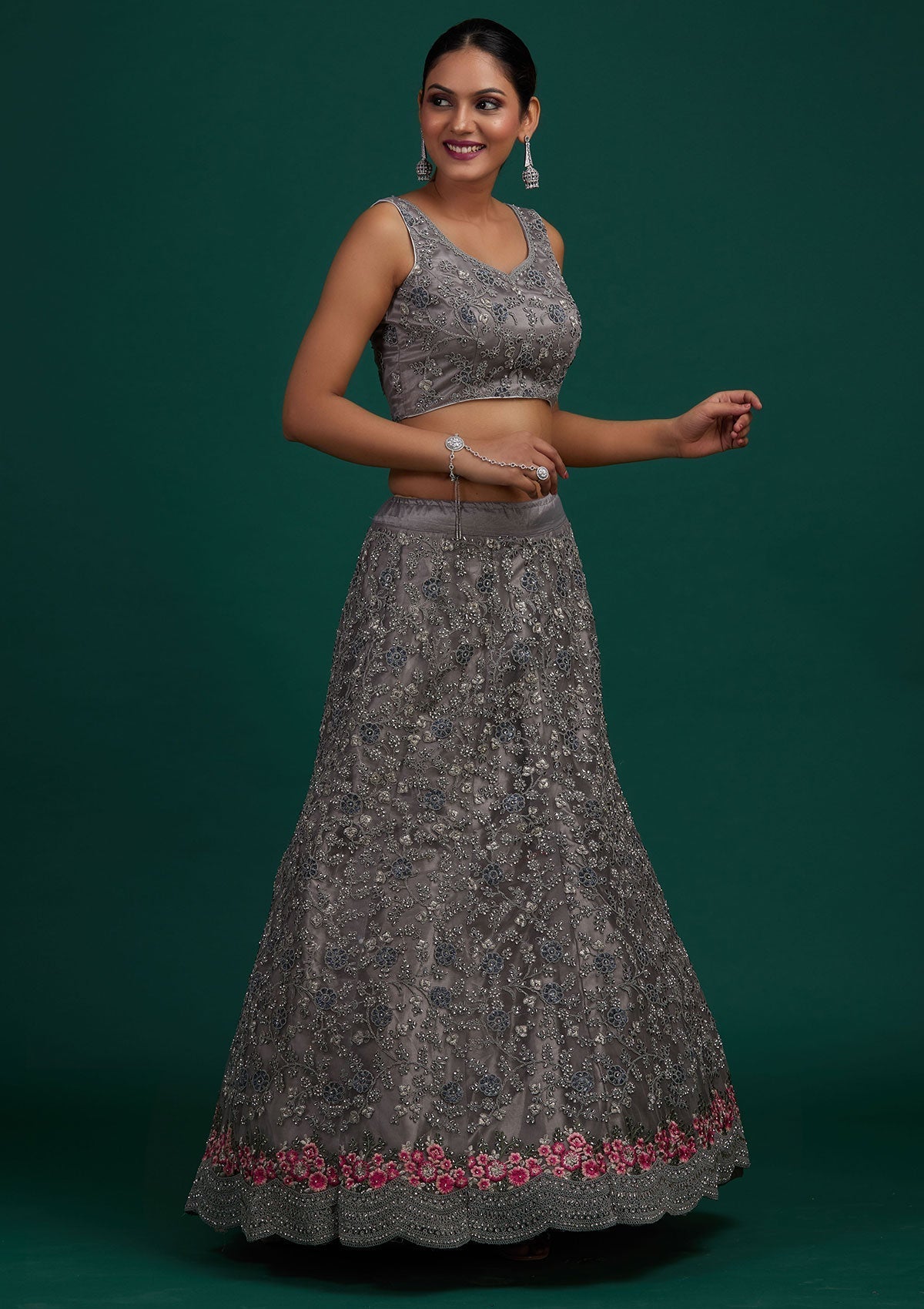 Light Grey Silver Stonework Net Designer Semi-Stitched Lehenga - Koskii