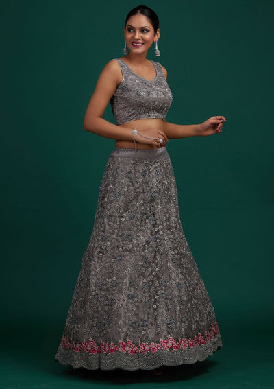 Light Grey Silver Stonework Net Designer Semi-Stitched Lehenga - Koskii