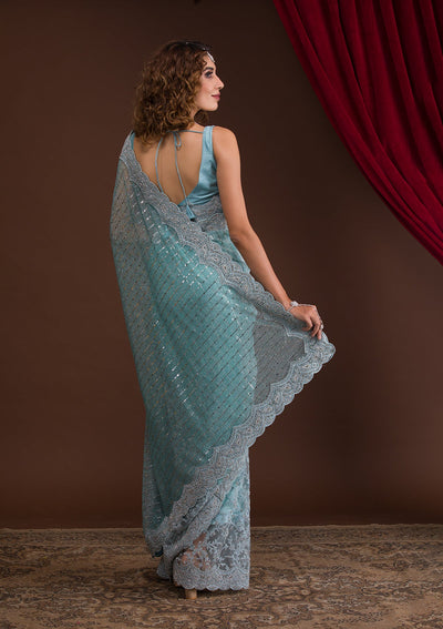 Light Grey Sequins Net Designer Saree-Koskii