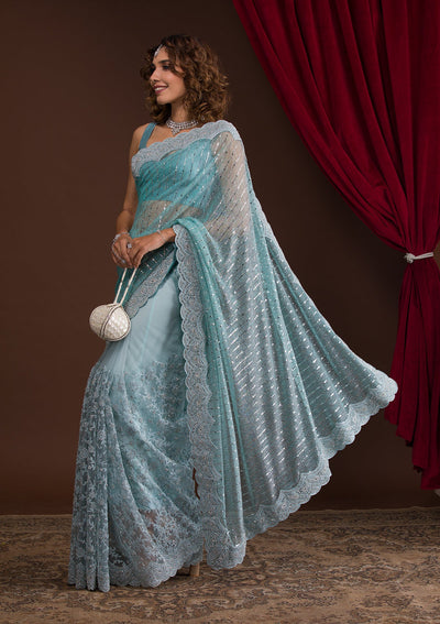 Light Grey Sequins Net Designer Saree-Koskii