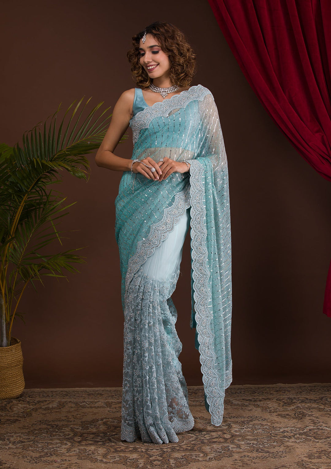 Light Grey Sequins Net Designer Saree-Koskii