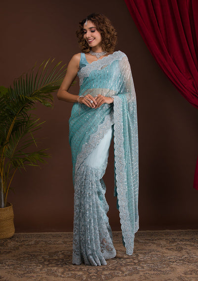 Light Grey Sequins Net Designer Saree-Koskii