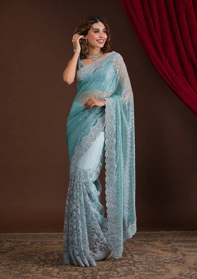 Light Grey Sequins Net Designer Saree-Koskii