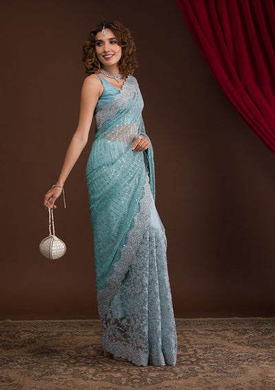 Light Grey Sequins Net Designer Saree-Koskii