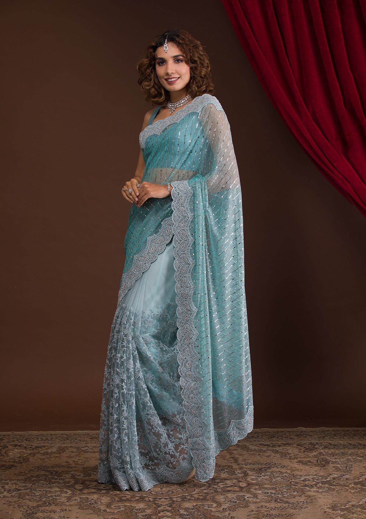 Light Grey Sequins Net Designer Saree-Koskii