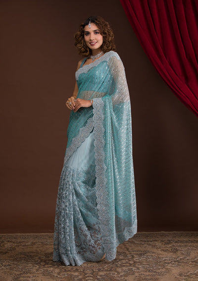 Light Grey Sequins Net Designer Saree-Koskii