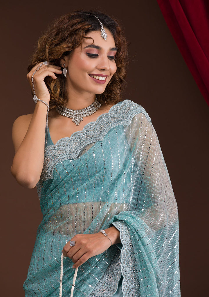 Light Grey Sequins Net Designer Saree-Koskii