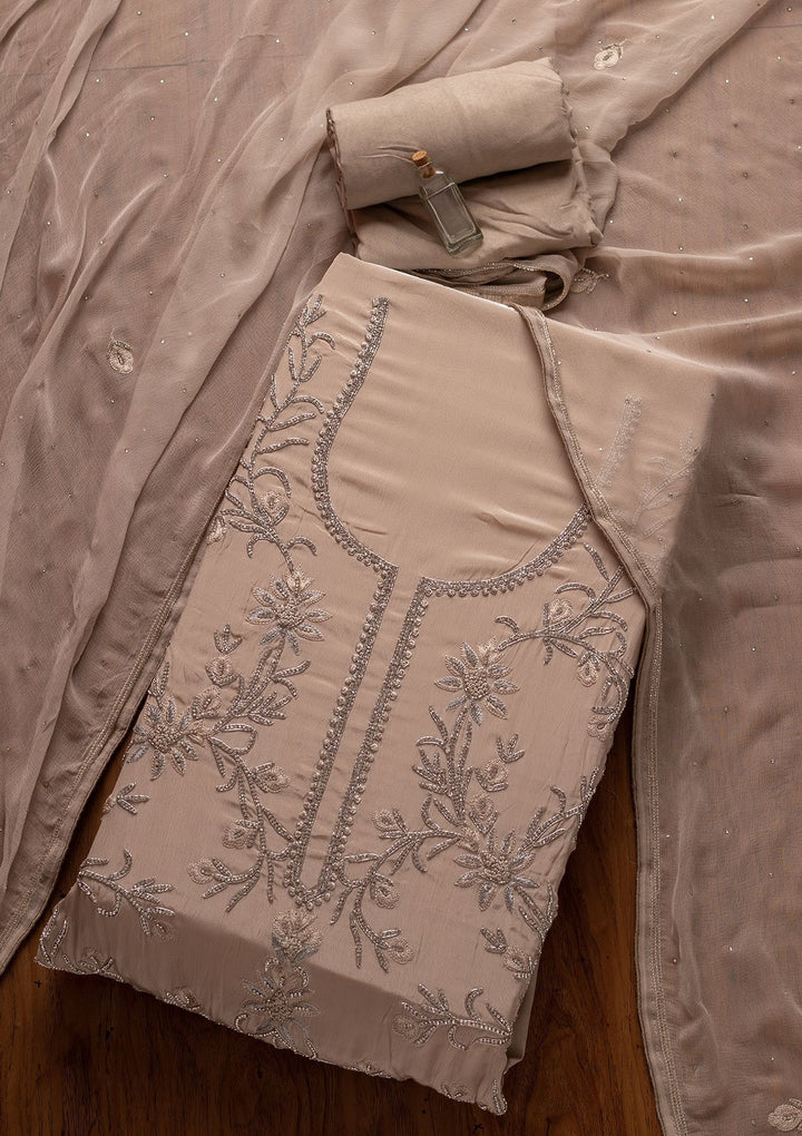 Light Grey Silver Stonework Semi Crepe Designer Unstitched Salwar Suit - koskii