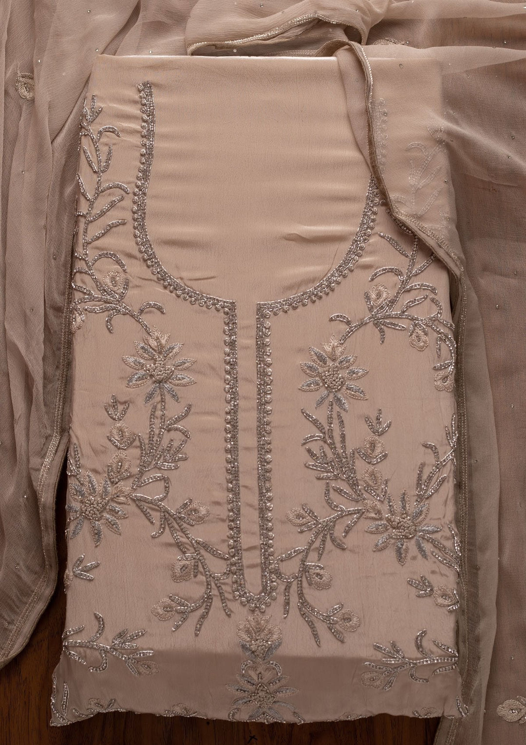 Light Grey Silver Stonework Semi Crepe Designer Unstitched Salwar Suit - koskii