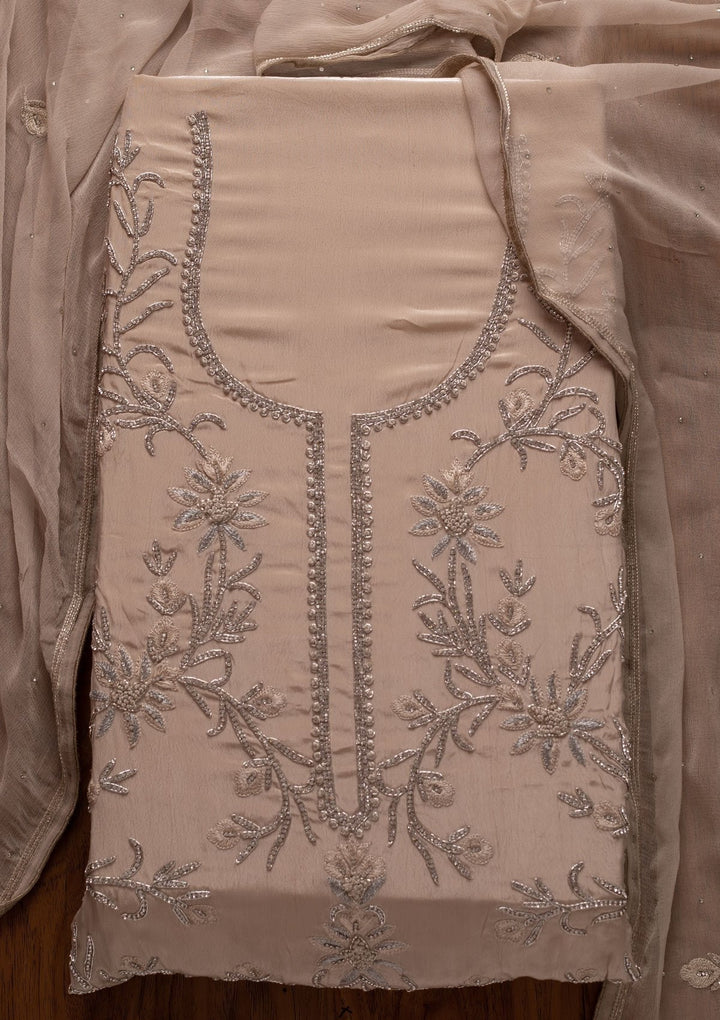 Light Grey Silver Stonework Semi Crepe Designer Unstitched Salwar Suit - koskii