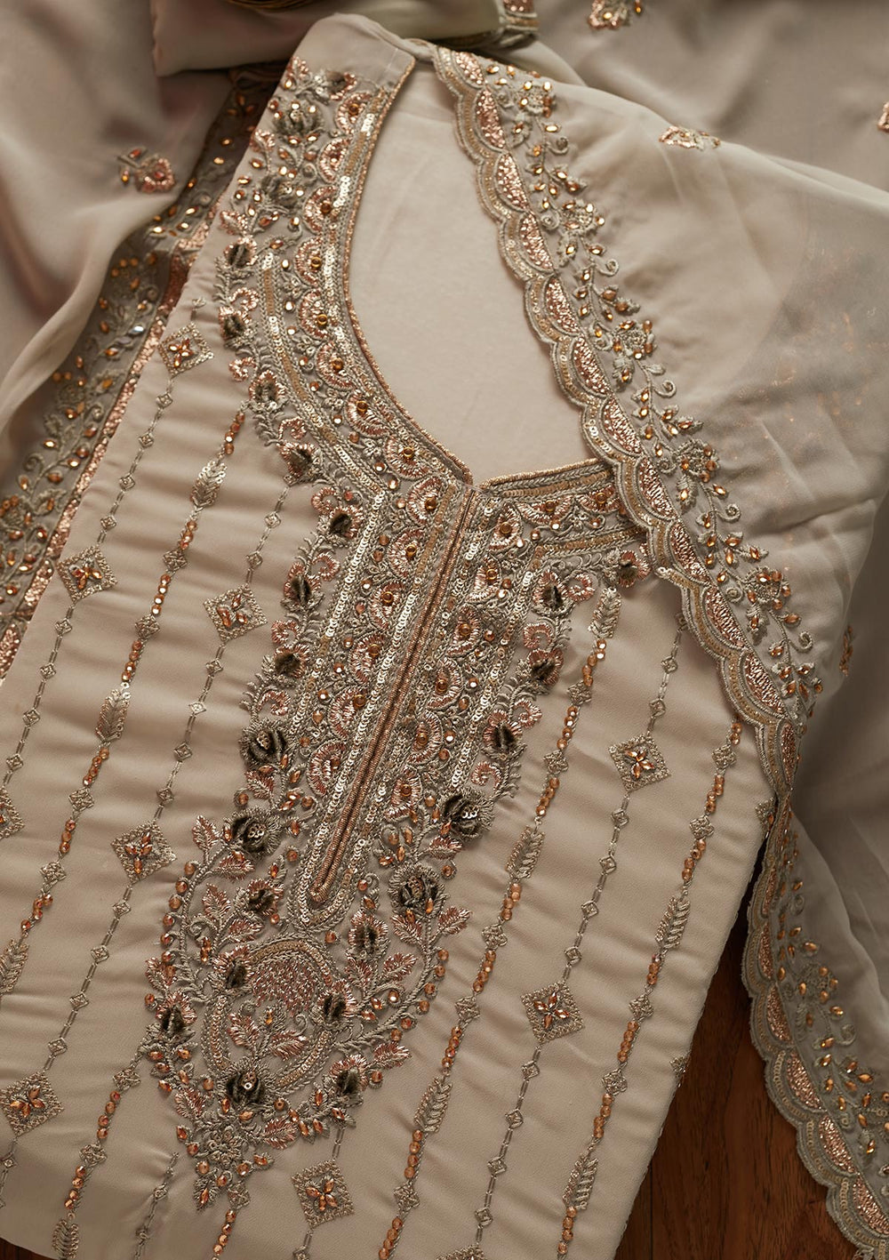 Light Grey Stonework Georgette Designer Unstitched Salwar Suit - koskii