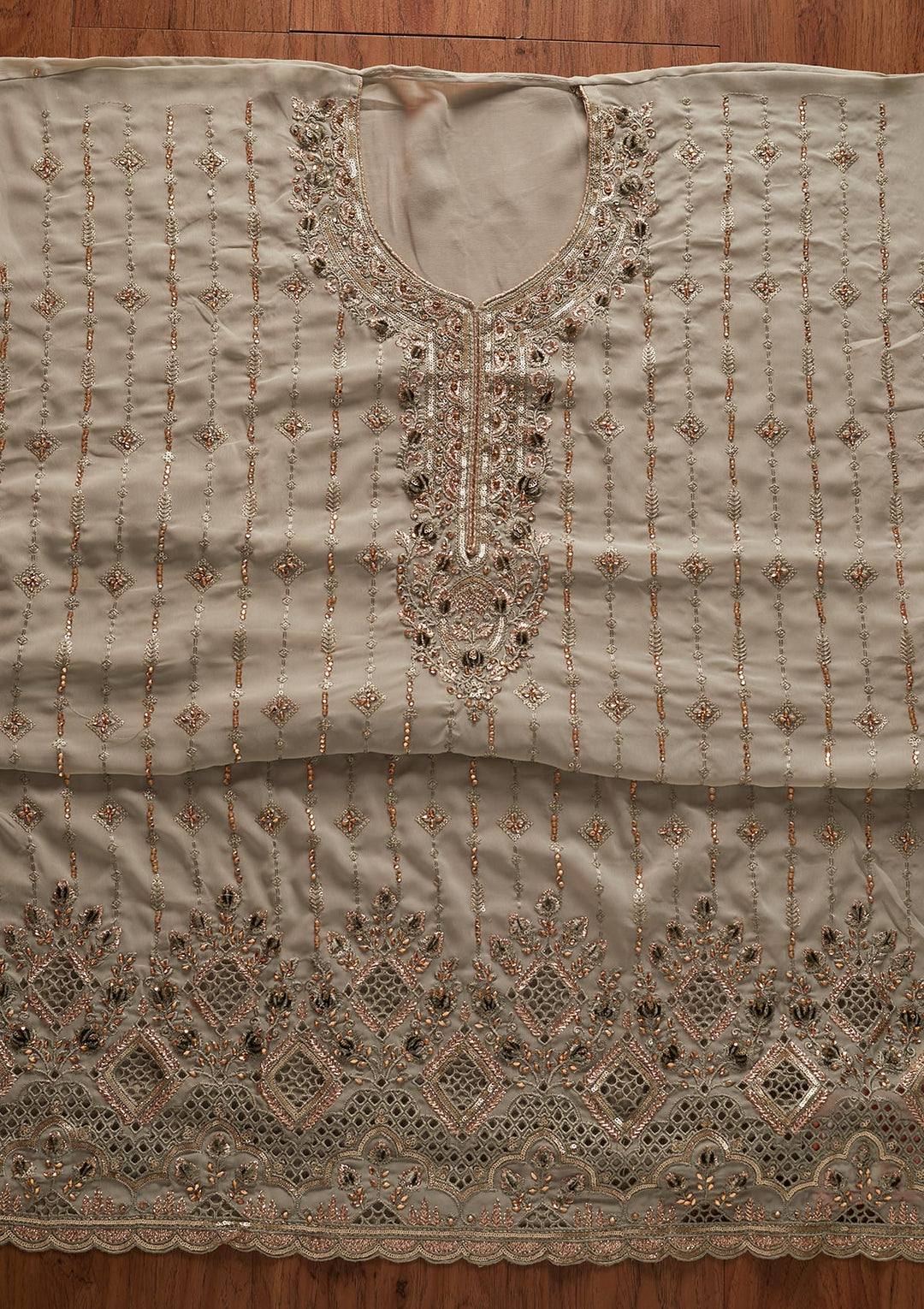 Light Grey Stonework Georgette Designer Unstitched Salwar Suit - koskii