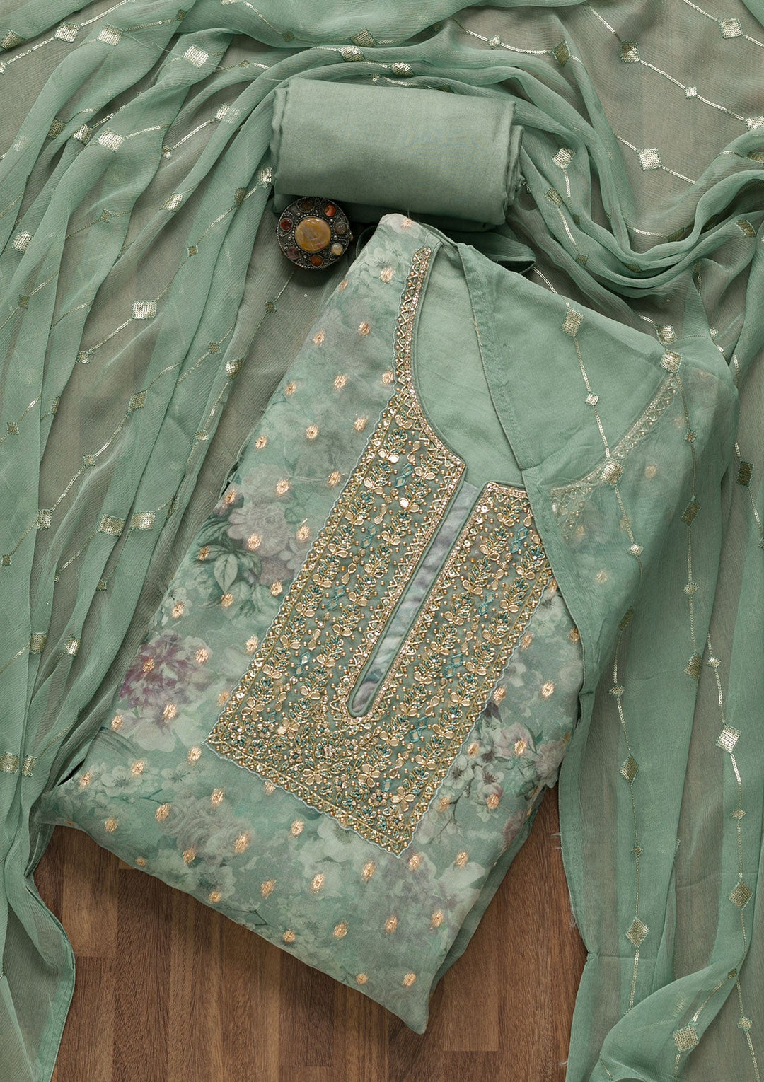 Light Grey Stonework Georgette Unstitched Salwar Suit-Koskii