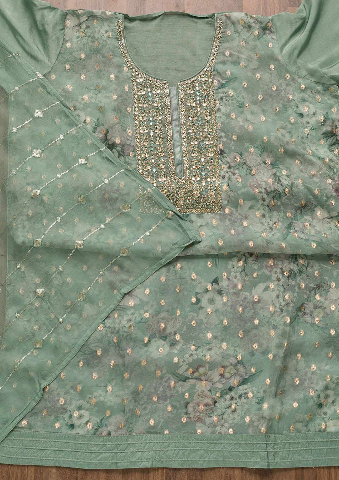 Light Grey Stonework Georgette Unstitched Salwar Suit-Koskii
