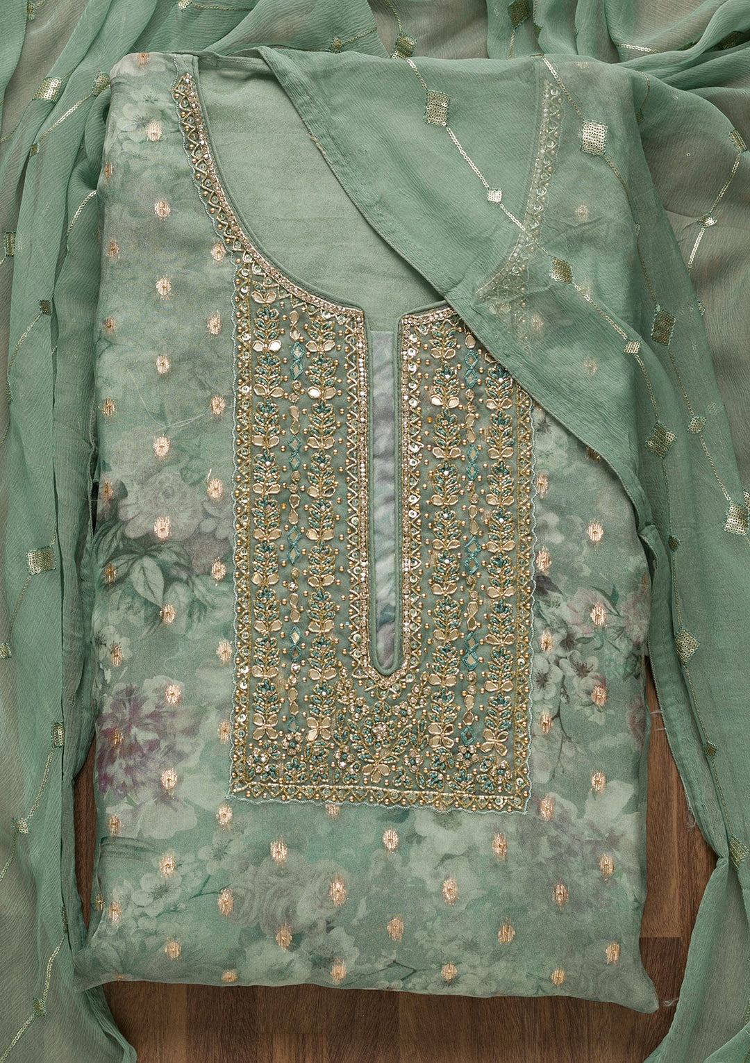 Light Grey Stonework Georgette Unstitched Salwar Suit-Koskii