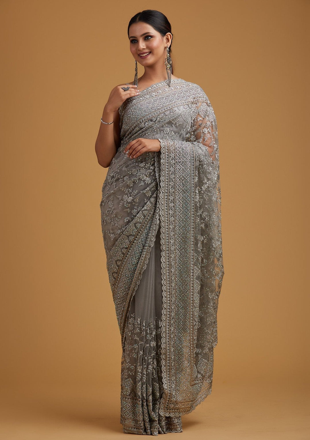 Light Grey Stonework Net Designer Saree - koskii