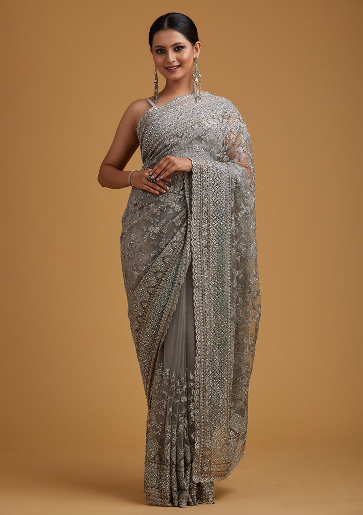 Light Grey Stonework Net Designer Saree - koskii