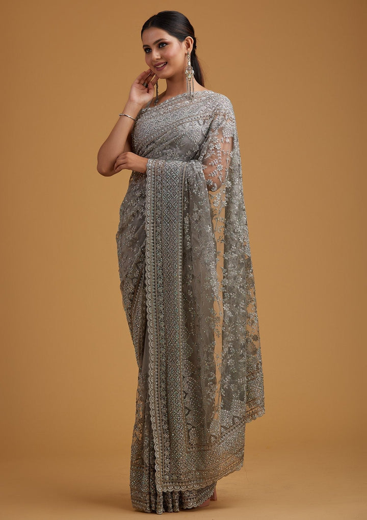 Light Grey Stonework Net Designer Saree - koskii