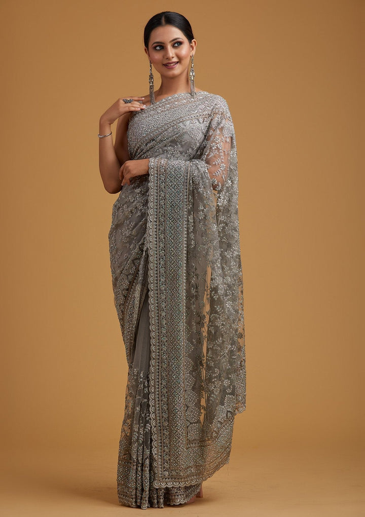 Light Grey Stonework Net Designer Saree - koskii