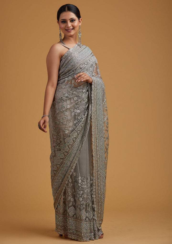 Light Grey Stonework Net Designer Saree - koskii