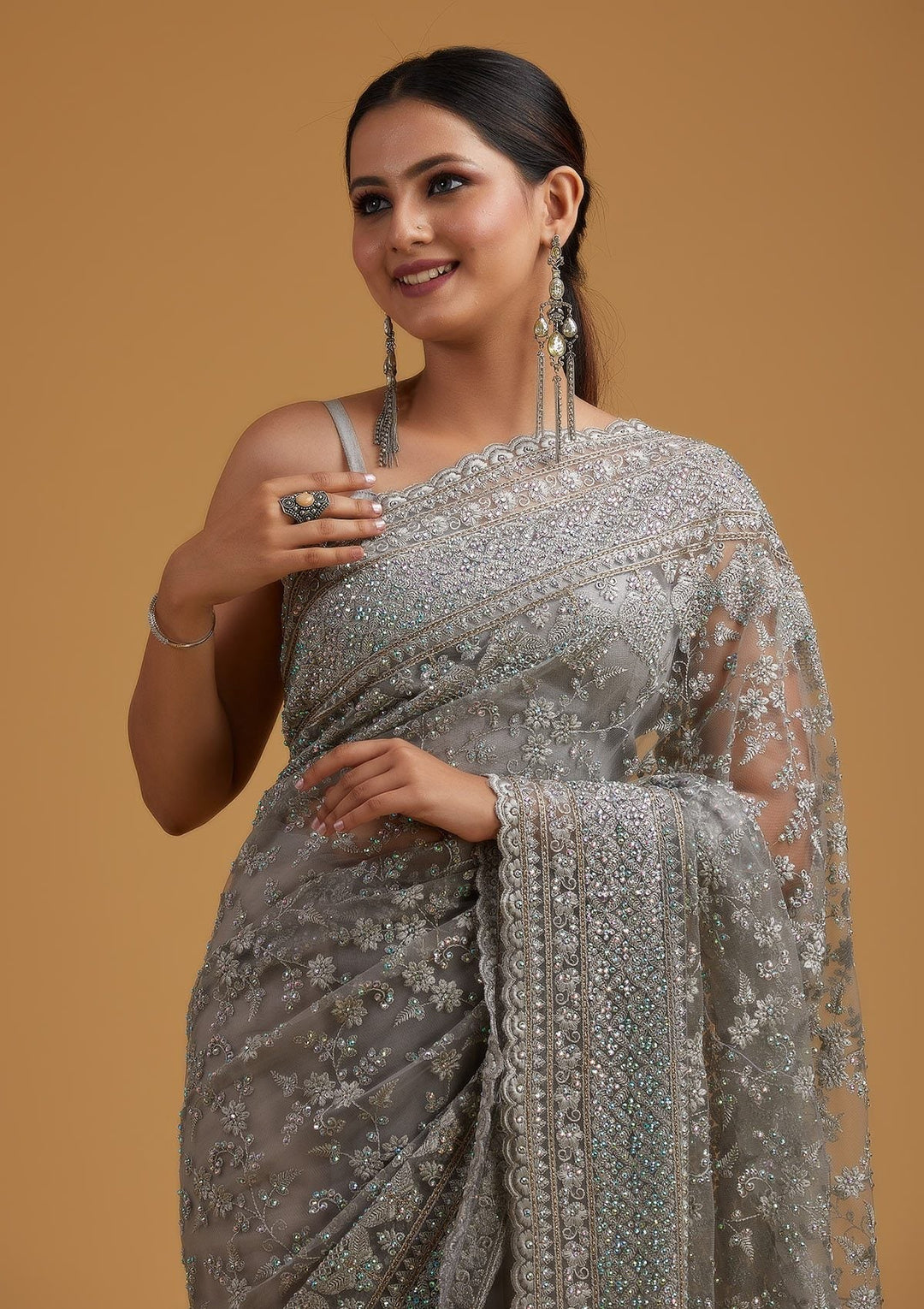 Light Grey Stonework Net Designer Saree - koskii