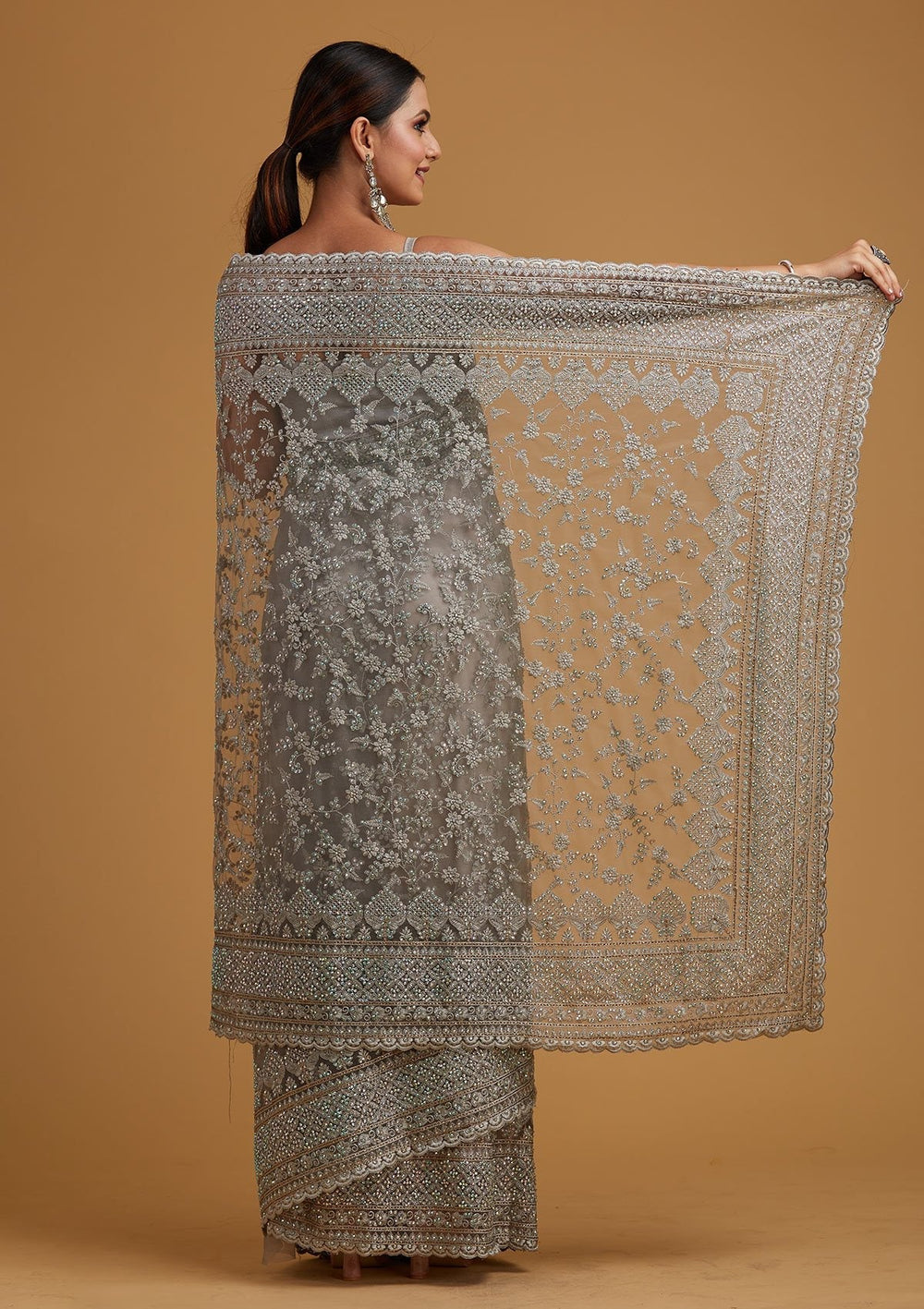 Light Grey Stonework Net Designer Saree - koskii