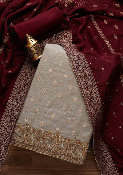 Light Grey Stonework Semi Crepe Designer Unstitched Salwar Suit - Koskii