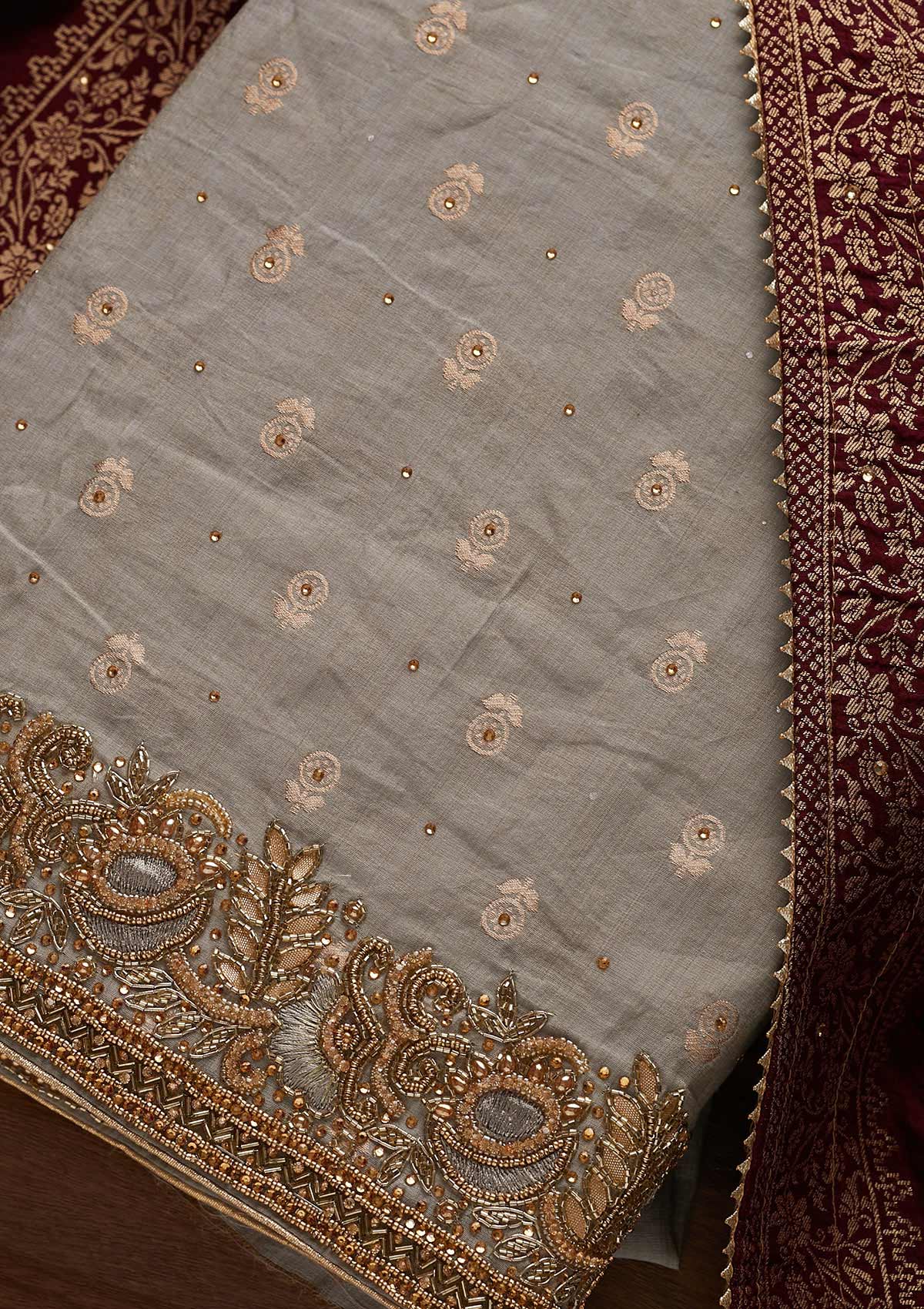 Light Grey Stonework Semi Crepe Designer Unstitched Salwar Suit - Koskii