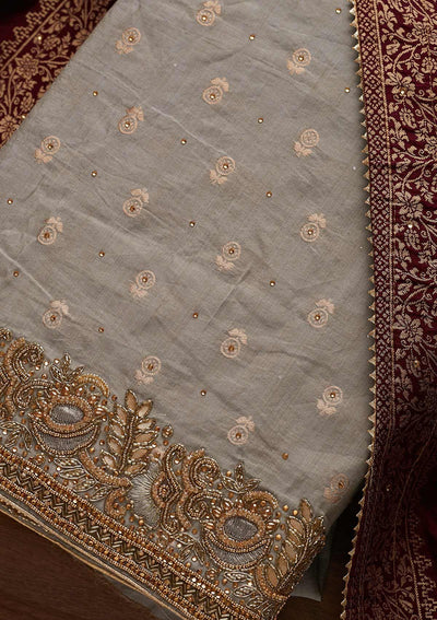 Light Grey Stonework Semi Crepe Designer Unstitched Salwar Suit - Koskii