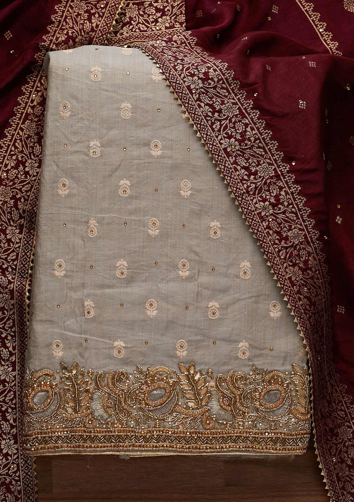 Light Grey Stonework Semi Crepe Designer Unstitched Salwar Suit - Koskii