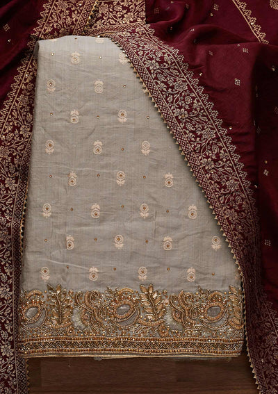Light Grey Stonework Semi Crepe Designer Unstitched Salwar Suit - Koskii