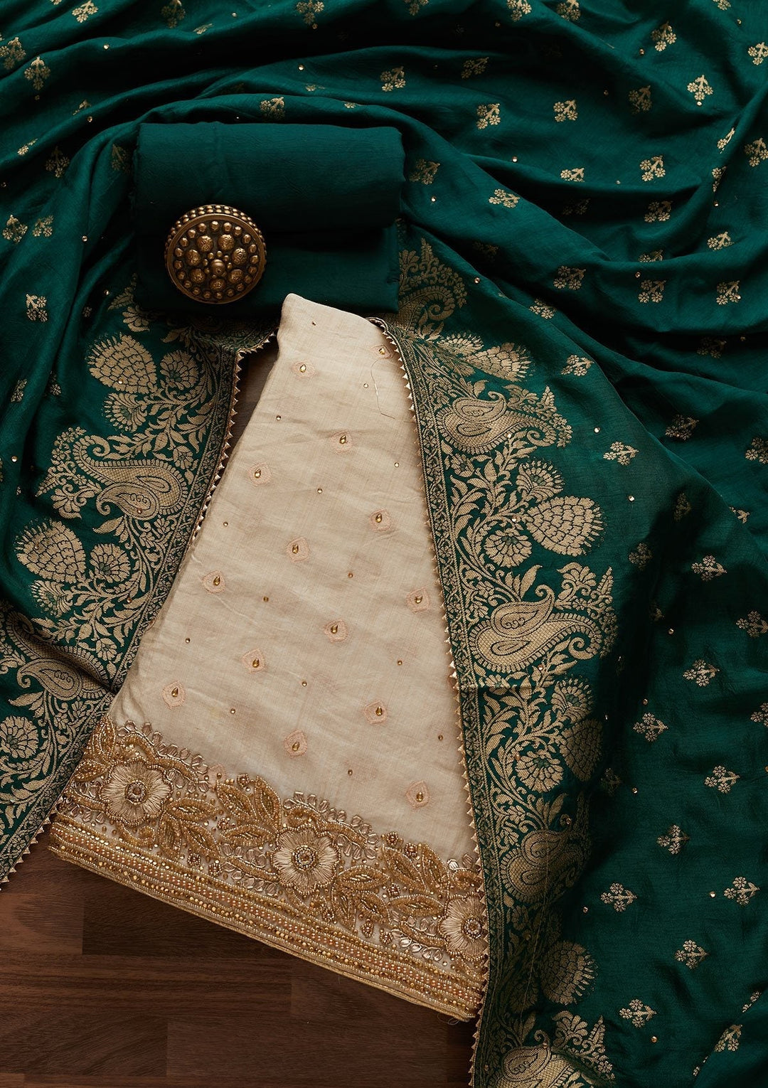 Light Grey Stonework Semi Crepe Designer Unstitched Salwar Suit - Koskii