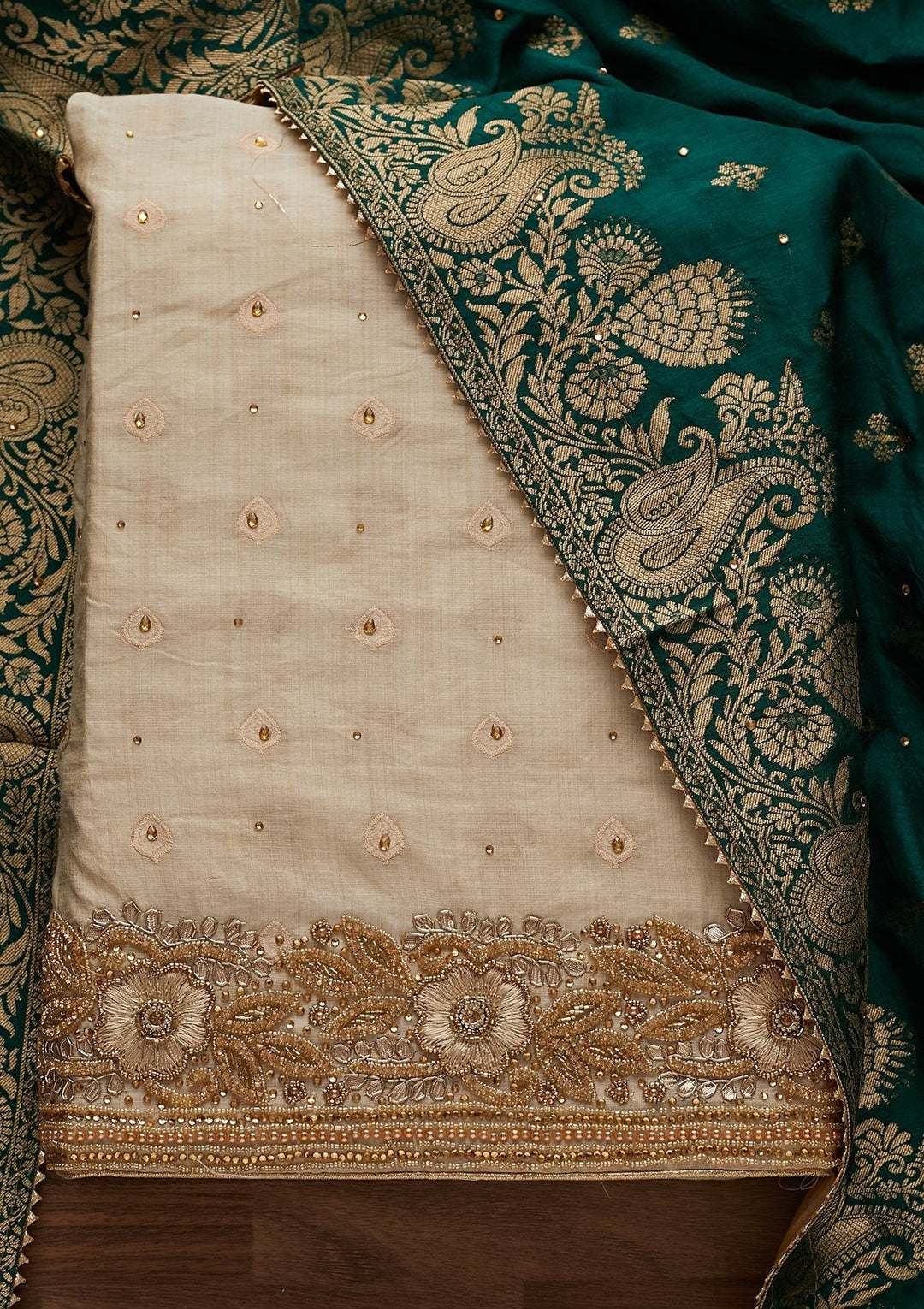 Light Grey Stonework Semi Crepe Designer Unstitched Salwar Suit - Koskii