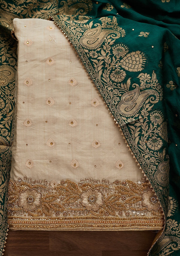 Light Grey Stonework Semi Crepe Designer Unstitched Salwar Suit - Koskii