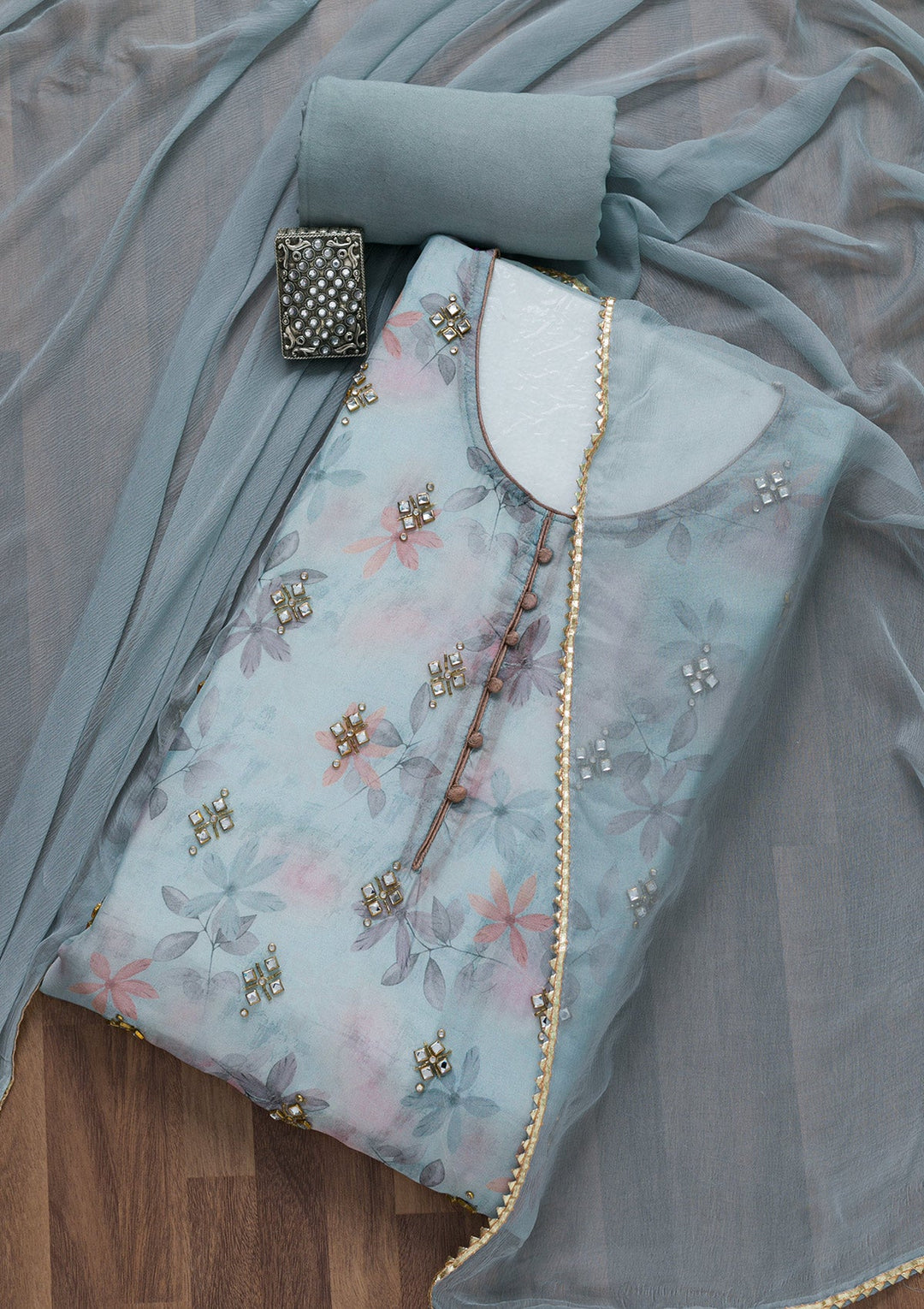 Light Grey Semi Crepe Stonework Unstitched Salwar Suit-koskii