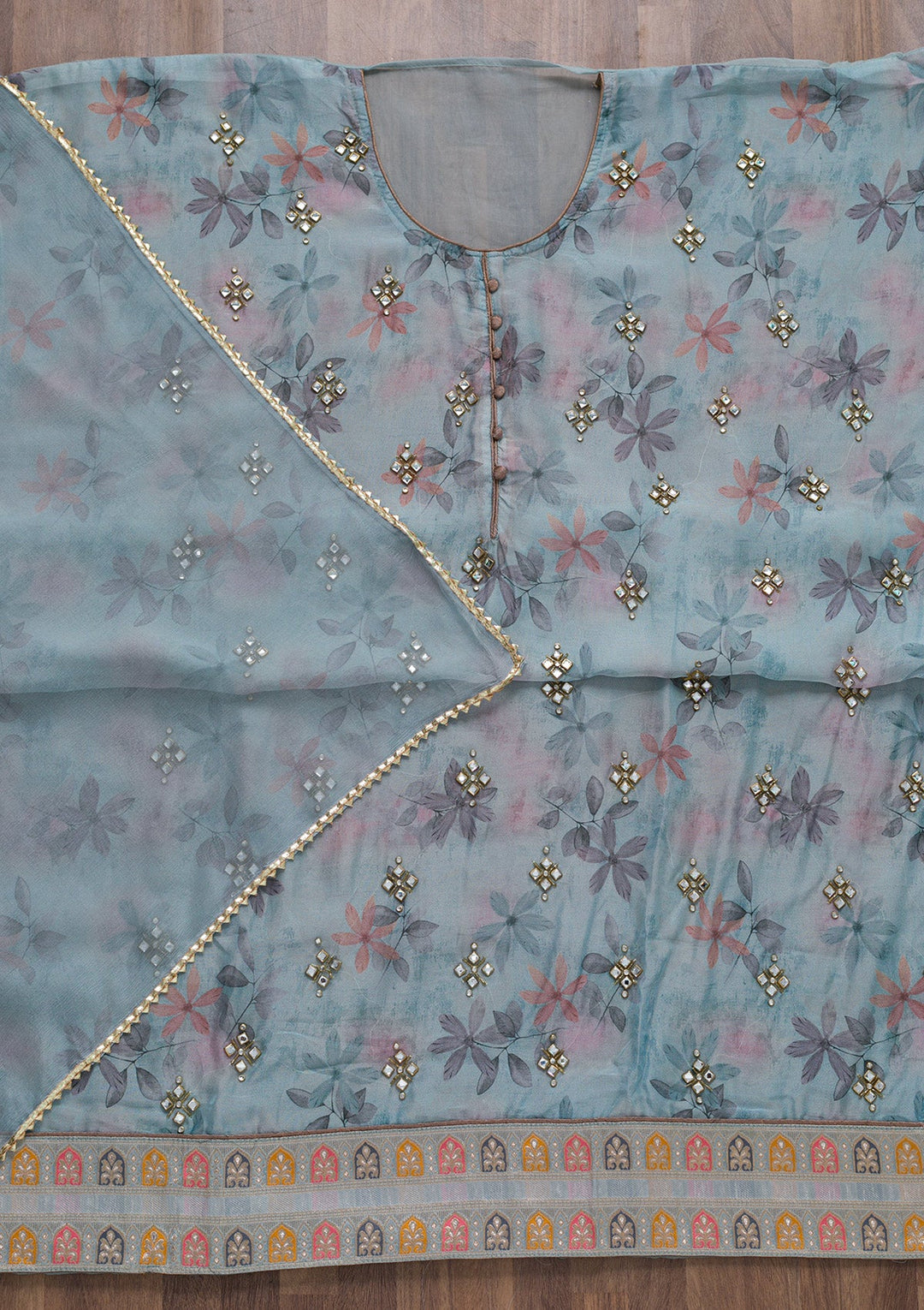 Light Grey Semi Crepe Stonework Unstitched Salwar Suit-koskii