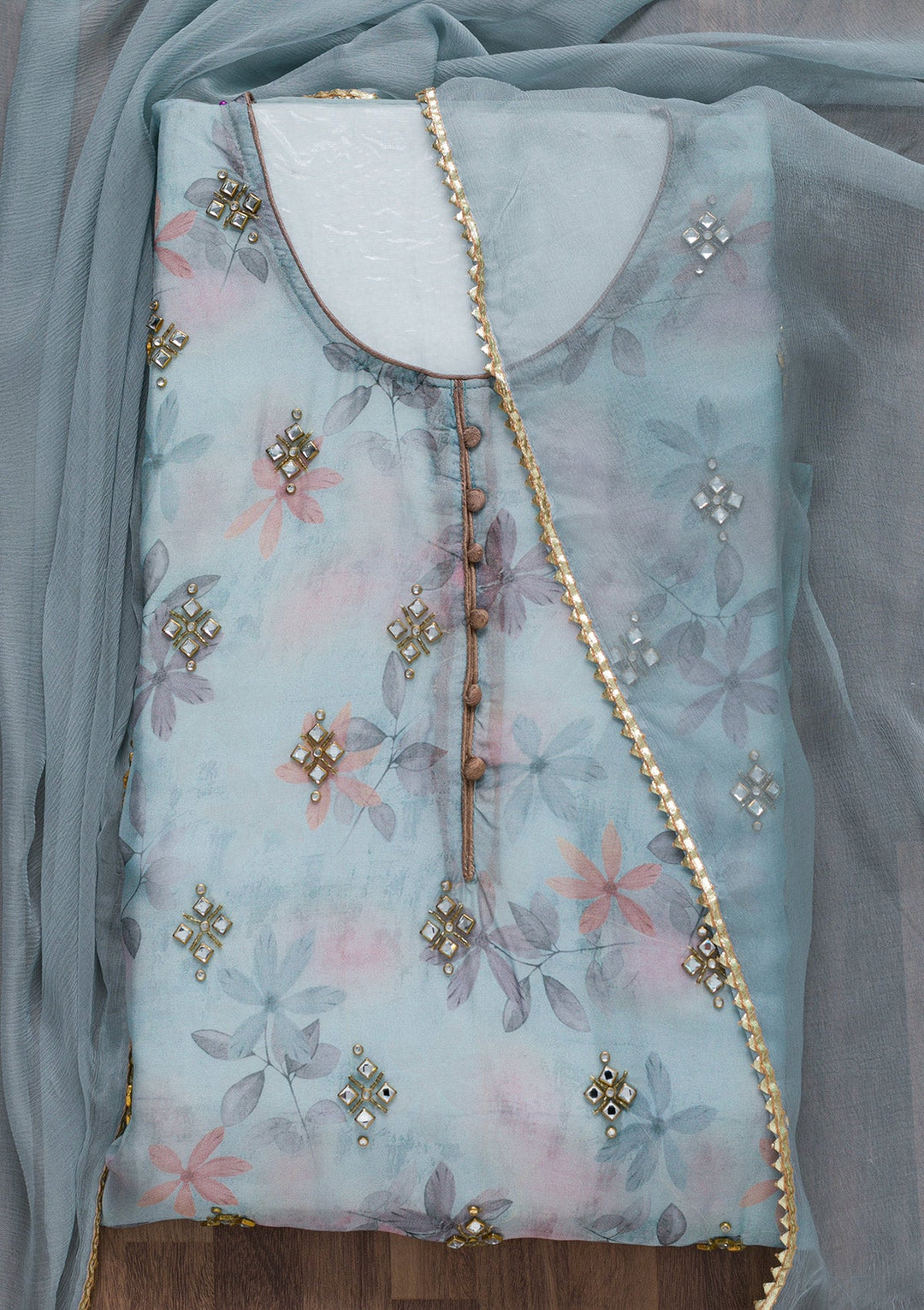 Light Grey Semi Crepe Stonework Unstitched Salwar Suit-koskii